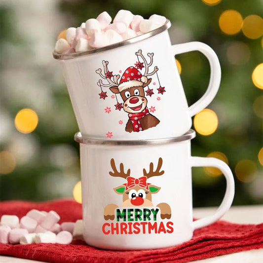 Merry Christmas Deer Print Enamel Mug Xmas Coffee